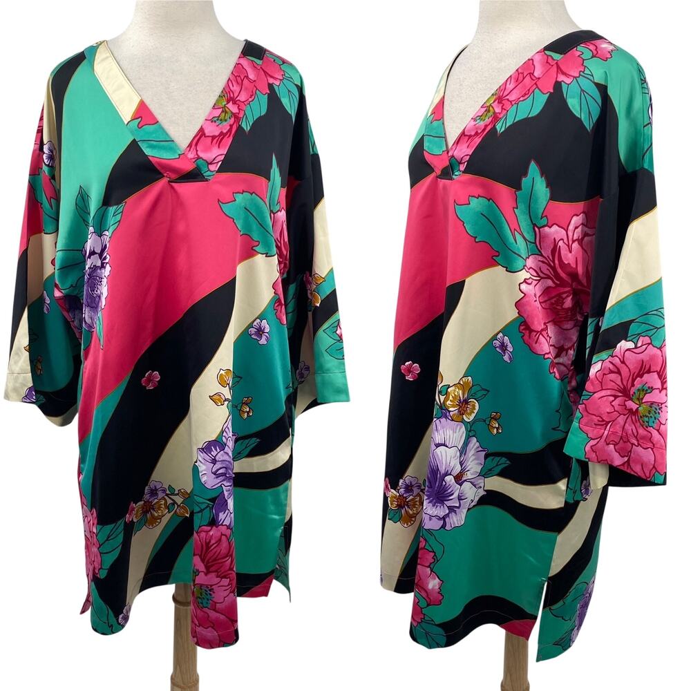 Natori Tunic Mini Dress Blouse Graphic Floral Print Satin V Neck Kimono Large